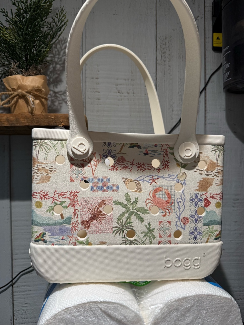 BOGG BAG Cream Tote with Tropical Multicolor Print